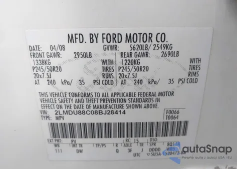 2008 Lincoln Mkx z USA, uszkodzony, nr VIN 2LMDU88C08BJ28414